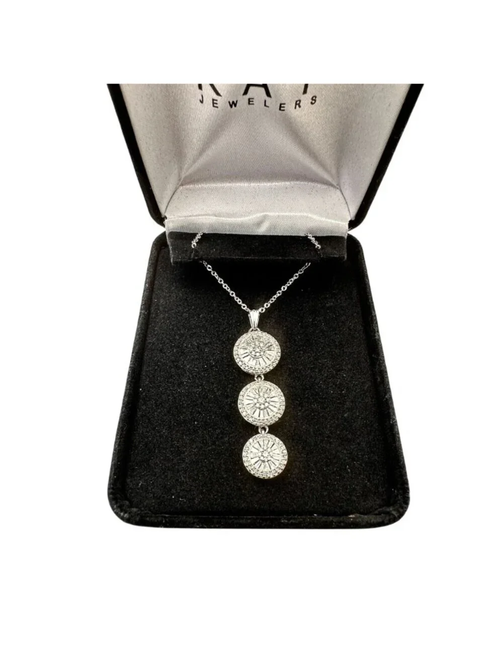 Outrageous 14K White Gold Triple Baguette Round Diamond Cluster Pendant Necklace